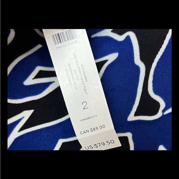CHICOS Travelers NWT Seafaring Blue Tunic Cap Print Dress Shift Sz 12 14 - Picture 6 of 8